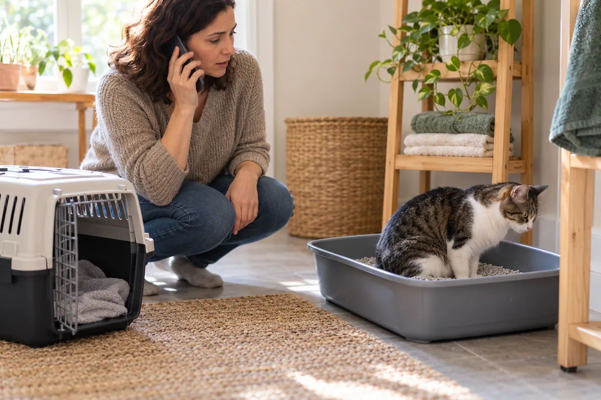 Femme au téléphone observant un chat accroupi dans son bac à litière, une caisse de transport ouverte posée près d'elle.