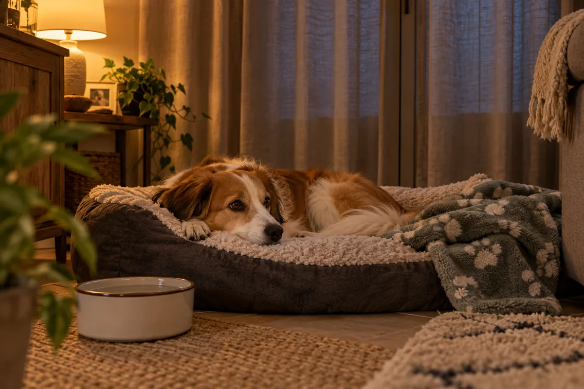 Un chien repose sur son panier avec une couverture, une gamelle d'eau à côté, dans une pièce aux rideaux fermés et à lumière douce.