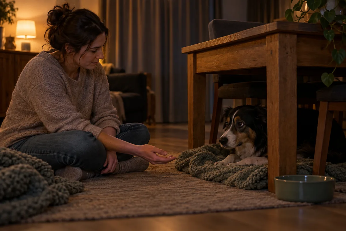 Une femme assise au sol tend doucement la main vers un chien réfugié sous une table sur une couverture, sans chercher à le sortir.