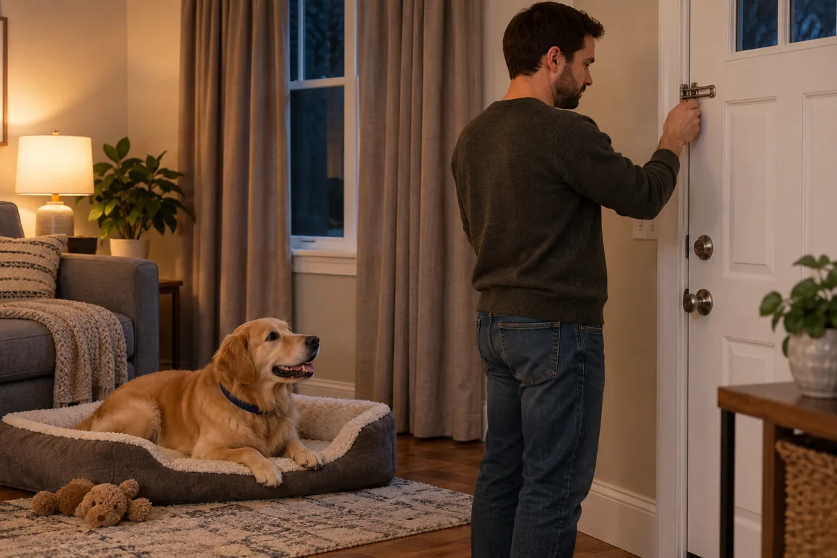 Un homme vérifie le verrou de la porte d'entrée pendant que son chien reste tranquillement couché dans son panier.