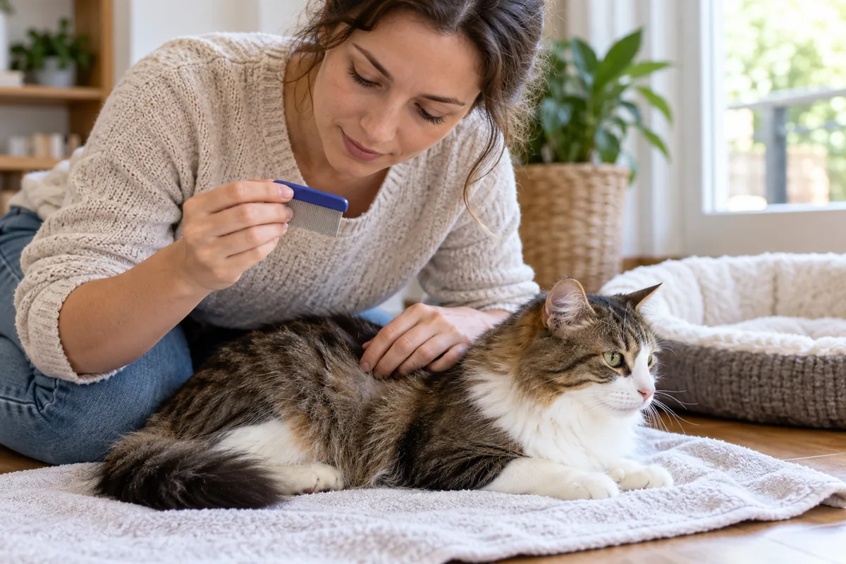 Une femme examine le pelage d'un chat tigré et blanc avec un peigne fin, sur une couverture posée juste à côté de son panier.