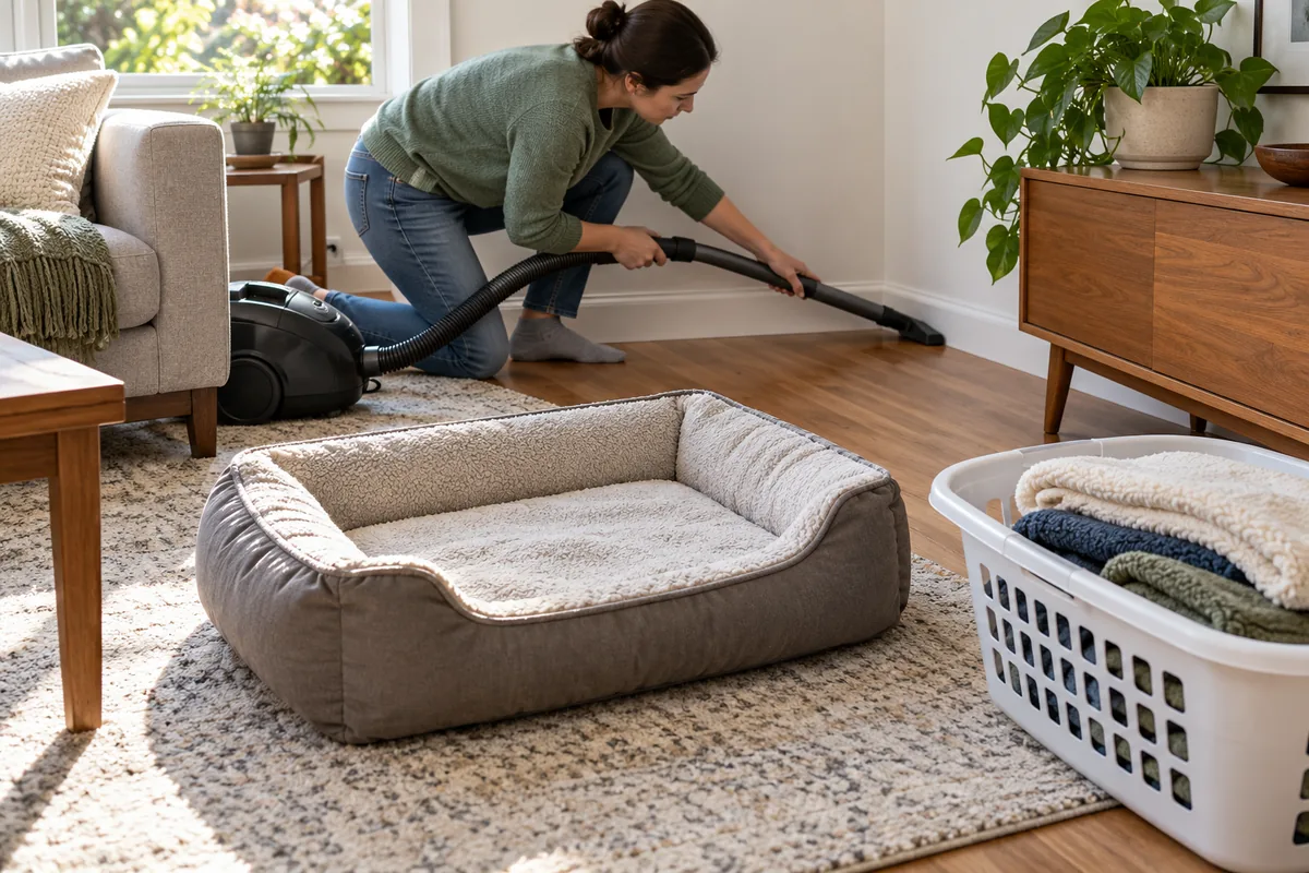Une femme aspire le long des plinthes ; le panier de l'animal est vidé et ses couvertures sont pliées dans une corbeille à linge.