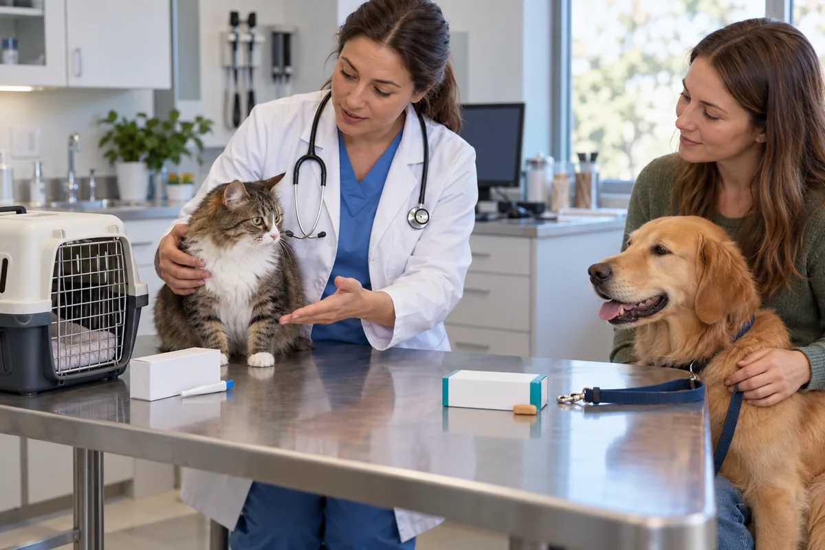 Une vétérinaire explique deux traitements distincts devant un chat posé sur la table et un chien tenu par sa propriétaire.