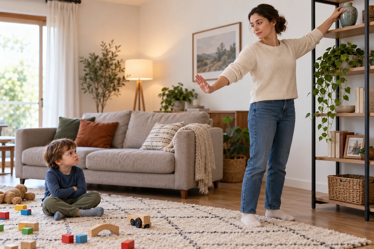 Mère plaçant un vase en haut d'une étagère, main tendue en signe d'arrêt vers un enfant boudeur assis sur le tapis.