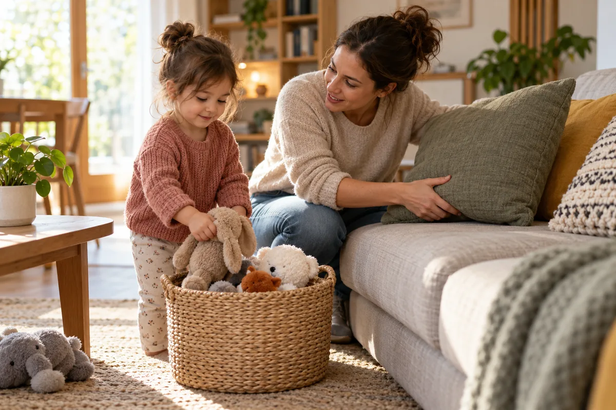 Fillette rangeant des peluches dans un panier pendant que sa mère remet un coussin en place sur le canapé.