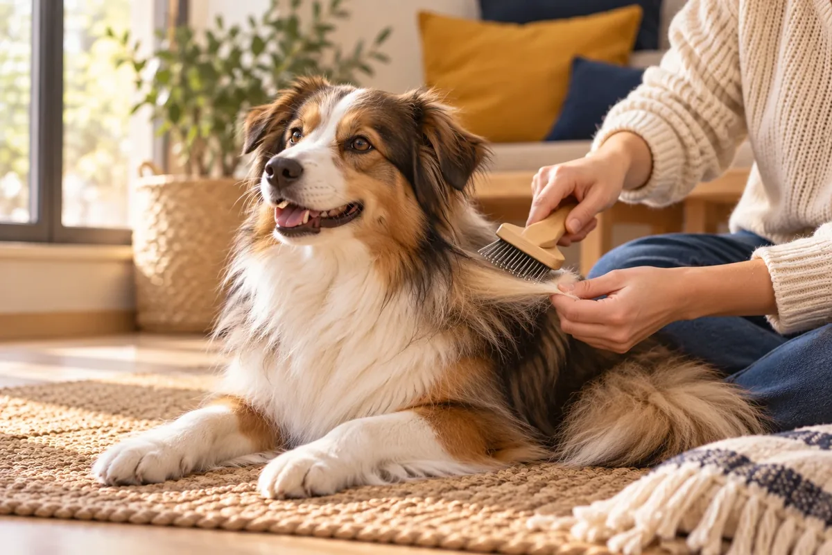 Séance de démêlage douce sur un chien à poil long dans un intérieur calme