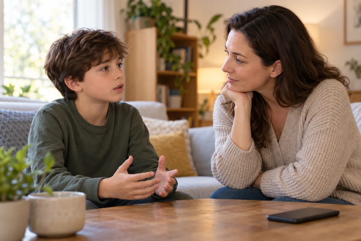 Mère écoutant attentivement son fils qui lui raconte sa journée, assis face à face, le téléphone posé à l'écart.