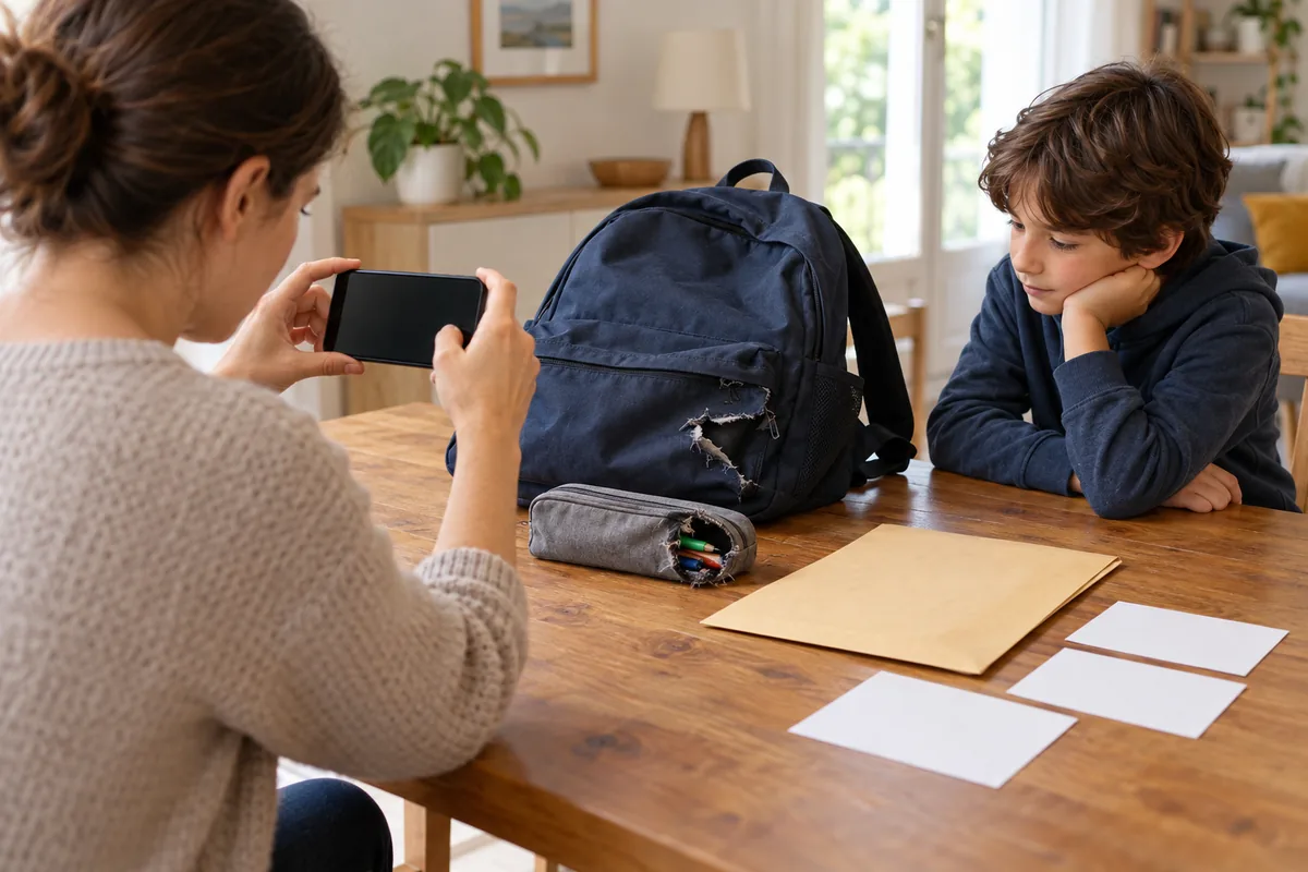 Parent photographiant un sac à dos et une trousse déchirés posés sur une table, en présence de son enfant.