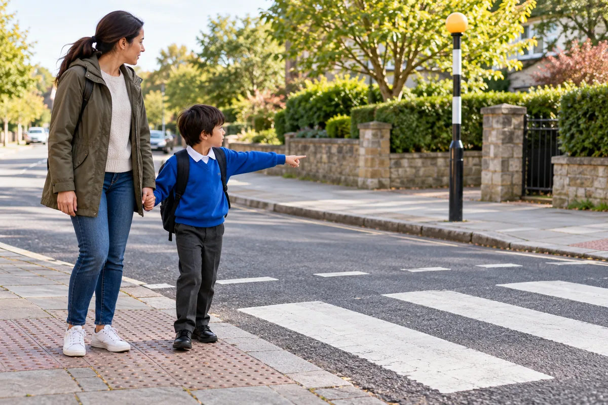 Mère et fils au bord d'un passage piéton, l'enfant cartable au dos montrant du doigt le trottoir d'en face.