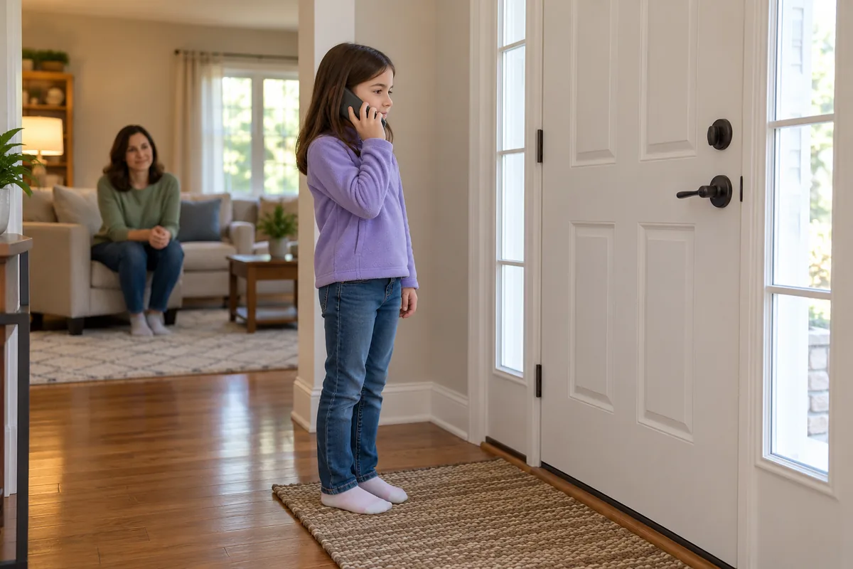 Fillette téléphonant devant la porte d'entrée fermée, observée à distance par une adulte assise dans le salon.