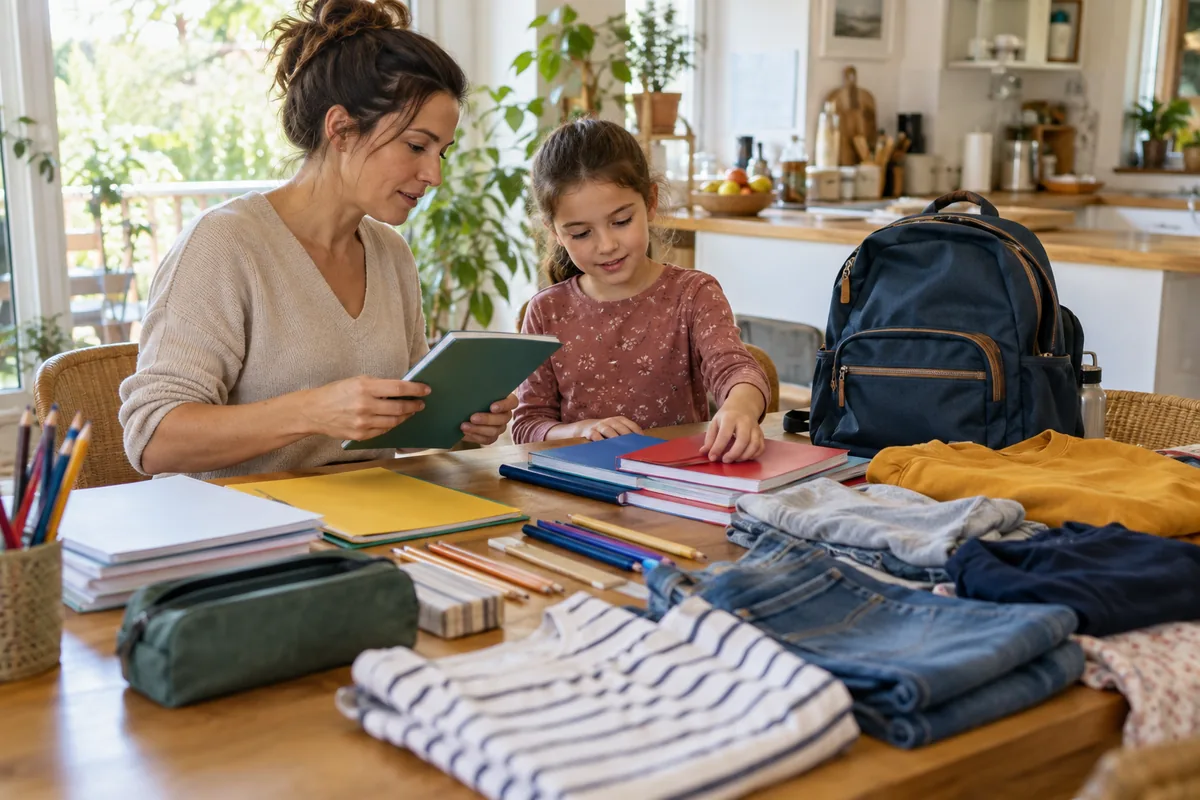 Une mère et sa fille passent en revue cahiers, crayons, trousse, sac à dos et vêtements déjà disponibles, étalés sur une table.
