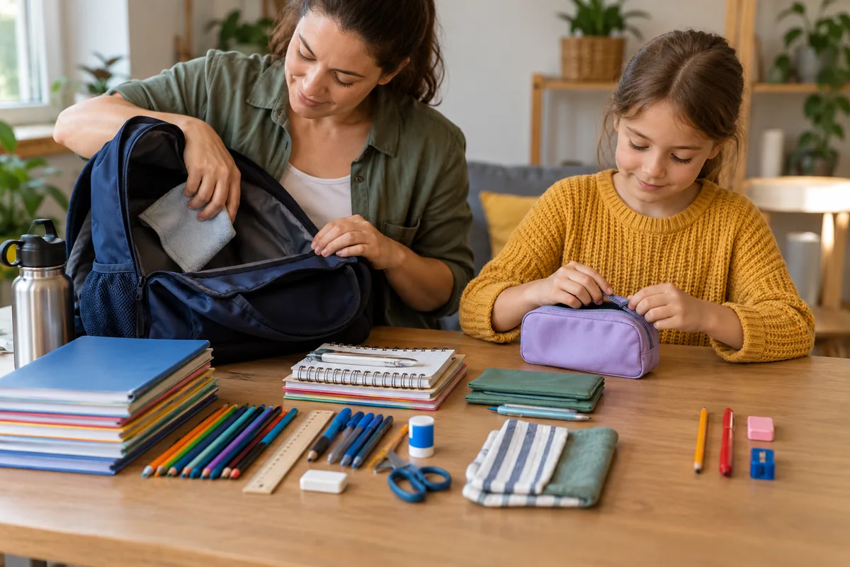 Une mère nettoie l'intérieur d'un sac à dos pendant que sa fille vérifie la fermeture d'une trousse, les fournitures triées devant elles.