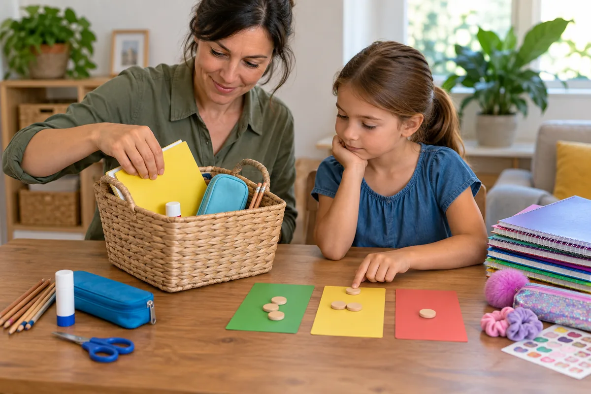 Une mère remplit un panier de fournitures essentielles tandis que sa fille classe les besoins avec des jetons sur des cartes colorées.