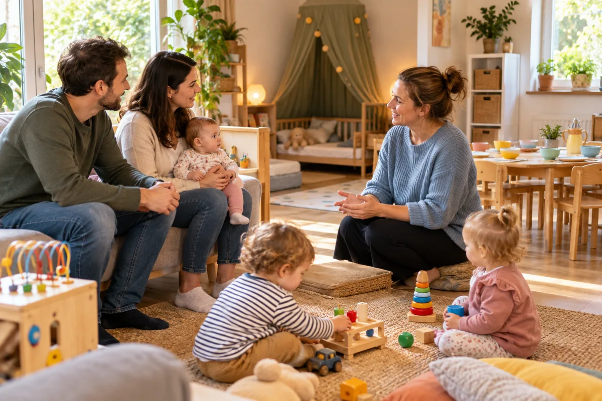 Des parents et leur bébé échangent avec une assistante maternelle dans une pièce aménagée où deux jeunes enfants jouent au sol.