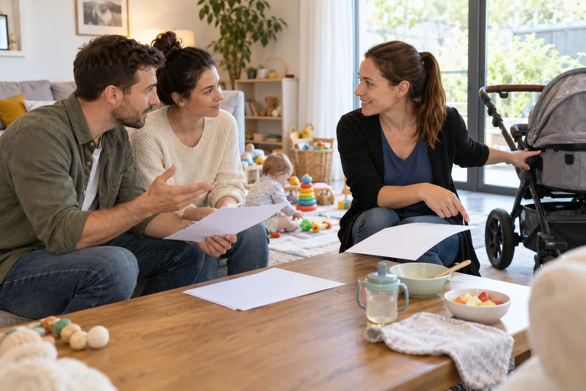 Un couple échange avec une candidate autour de la table basse de son salon, feuilles en main, pendant que leur bébé joue derrière.