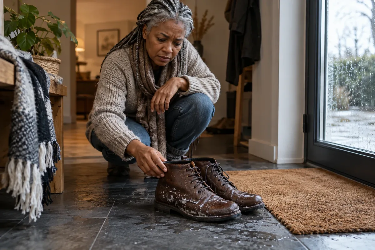 Une femme examine des chaussures en cuir mouillées et marquées par le sel.