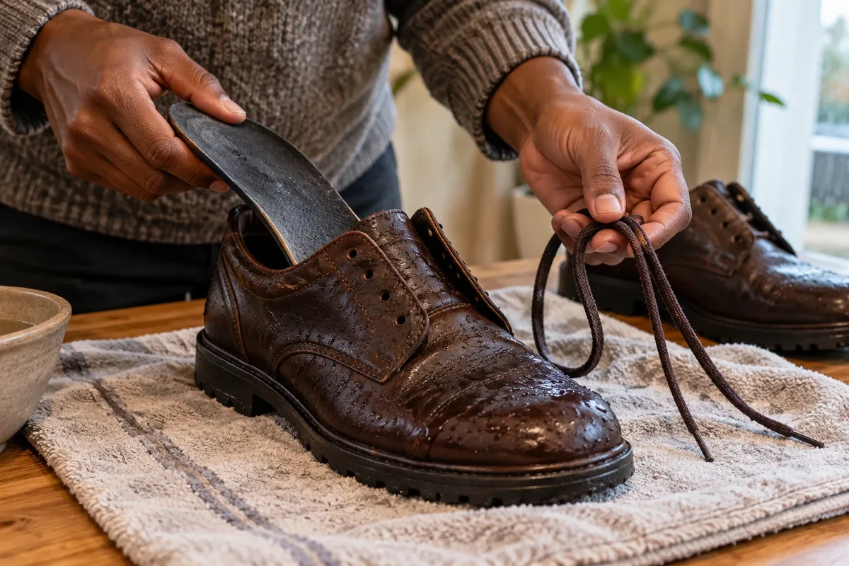 Des mains retirent les lacets et la semelle amovible d'une chaussure humide.