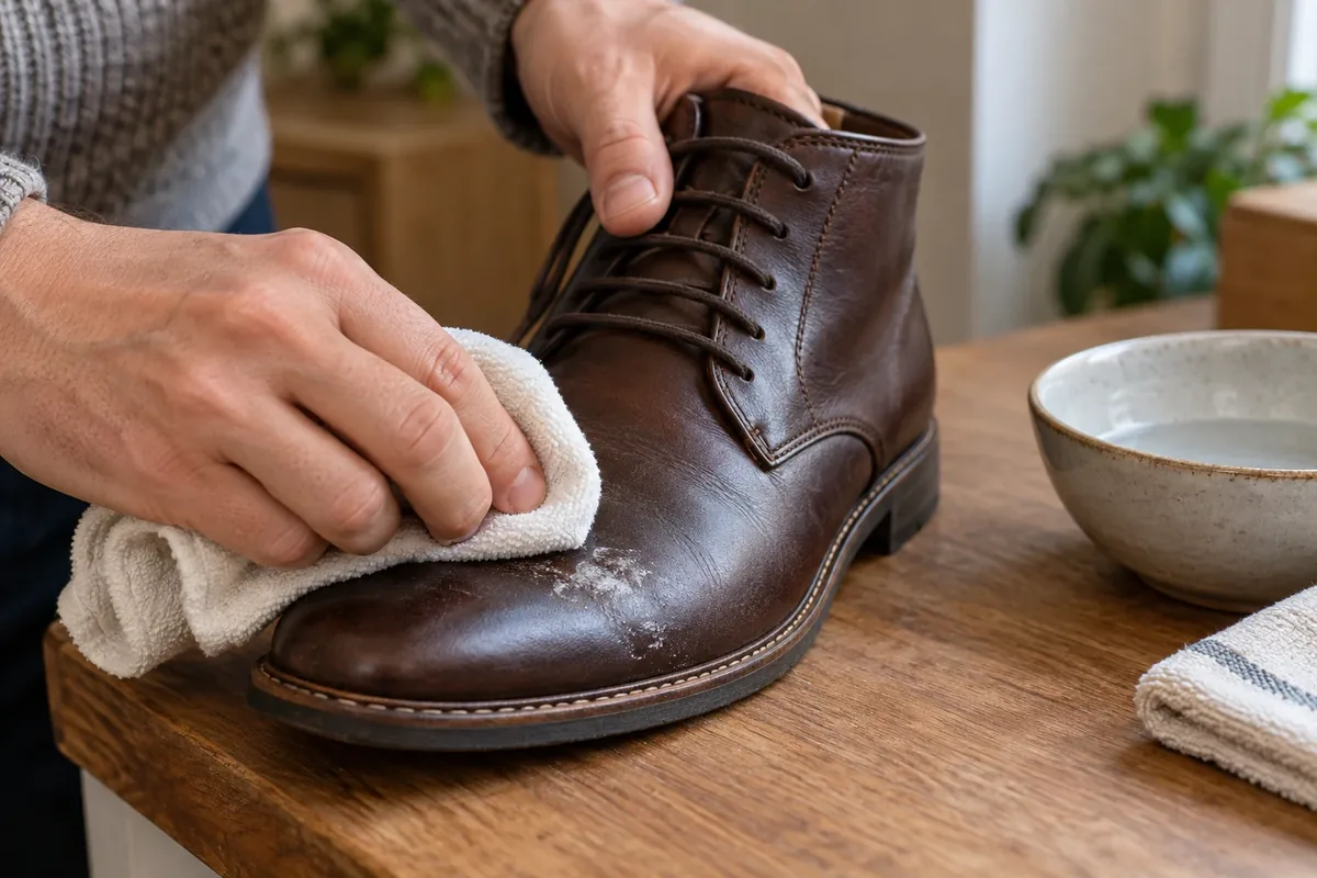 Des mains nettoient doucement une trace blanche sur du cuir lisse.