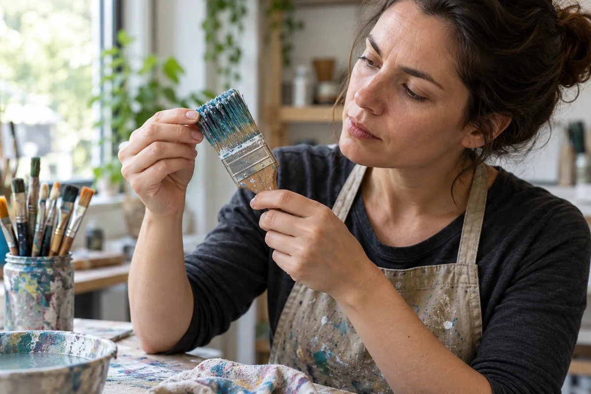 Femme en tablier examinant de près un pinceau plat aux poils figés par de la peinture bleue séchée.