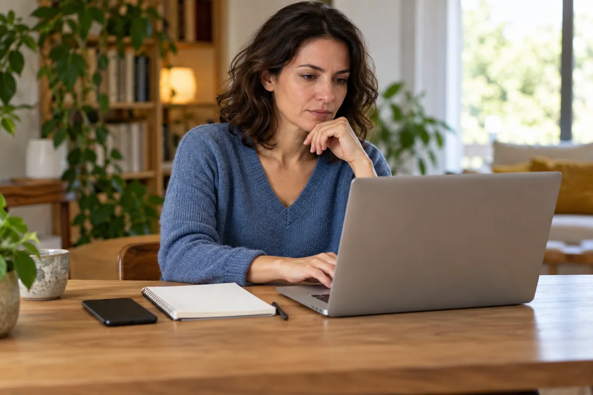 Femme pensive devant son ordinateur portable, un téléphone éteint posé à l'écart et un carnet ouvert sur la table.