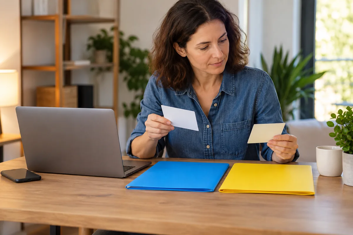 Femme comparant deux fiches tenues en main au-dessus de deux chemises bleue et jaune, ordinateur et téléphone de côté.