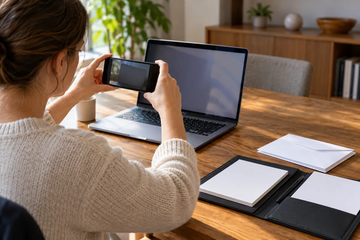 Femme photographiant l'écran de son ordinateur portable avec son téléphone, à côté d'un porte-documents et d'une enveloppe.