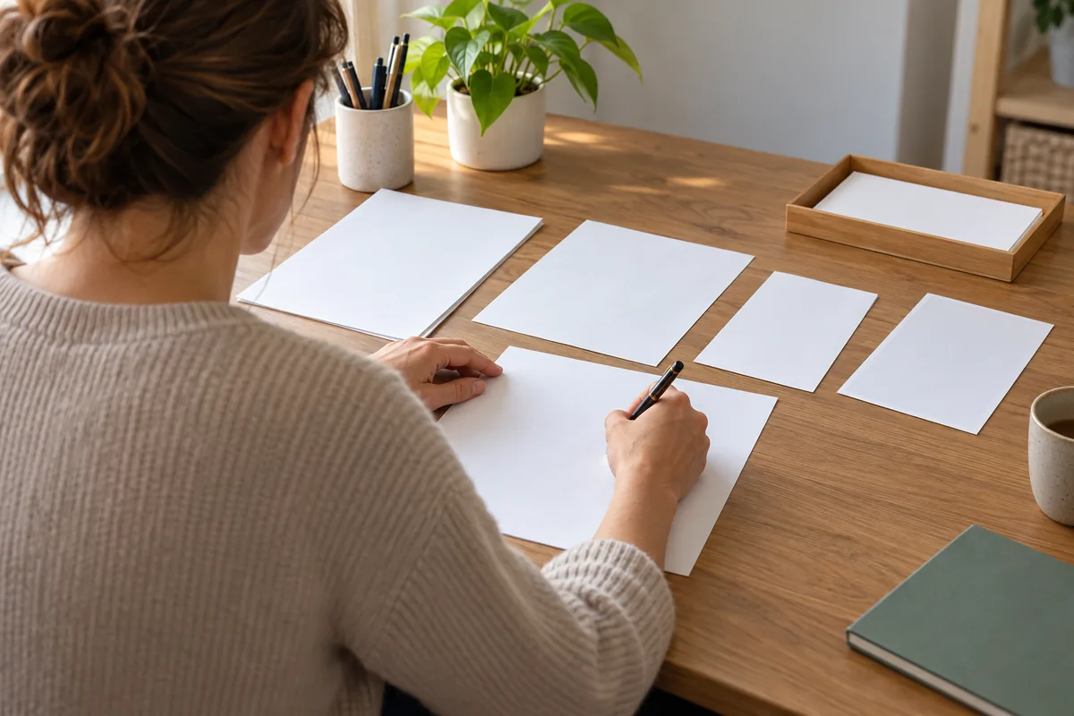 Une femme rédige à la main sur une feuille vierge, plusieurs documents blancs disposés en ordre sur le bureau devant elle.