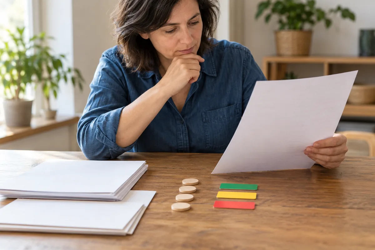 Une femme relit attentivement une feuille, avec des jetons en bois et trois repères colorés alignés devant elle pour cocher chaque point.