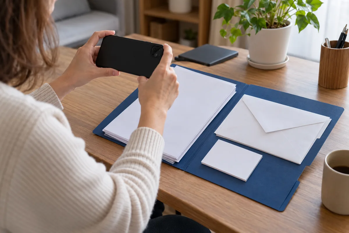 Une femme photographie avec son téléphone un dossier bleu contenant la lettre, une enveloppe et un justificatif avant de l'archiver.
