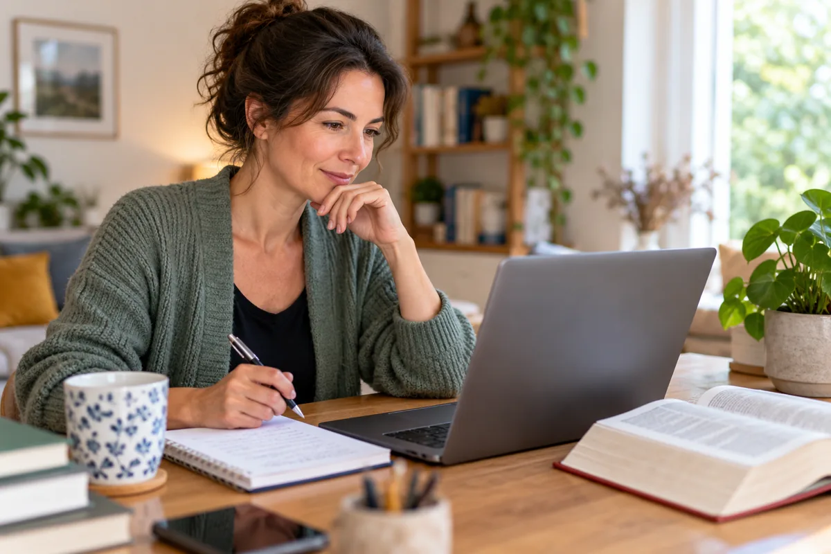 Une femme assise à son bureau note quelque chose dans un carnet, devant un ordinateur portable et un dictionnaire ouvert.