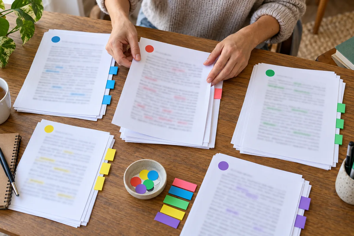 Des feuilles annotées, classées par couleur et munies de marque-pages, étalées sur une table en bois.