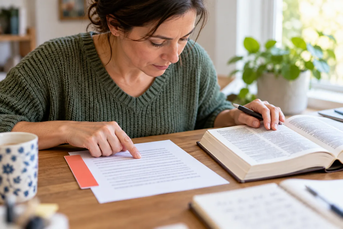 Une femme relit une feuille en suivant une ligne du doigt, avec un dictionnaire ouvert à côté d'elle.