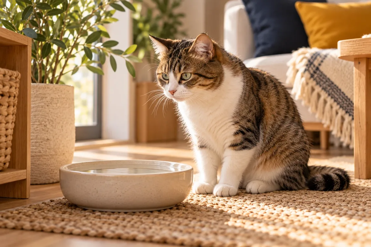 Chat près d'une gamelle d'eau large dans un intérieur calme