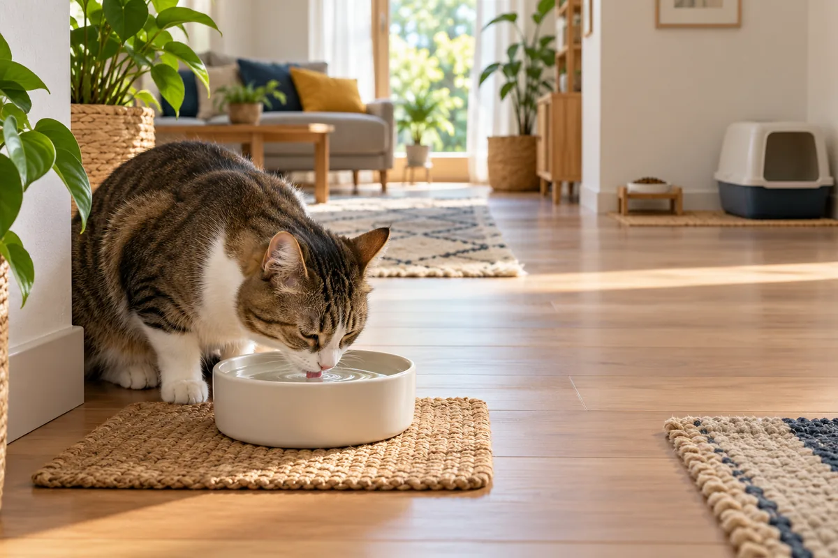 Un chat boit dans une grande gamelle d’eau posée sur un tapis, dans un coin calme du séjour, loin de sa litière.