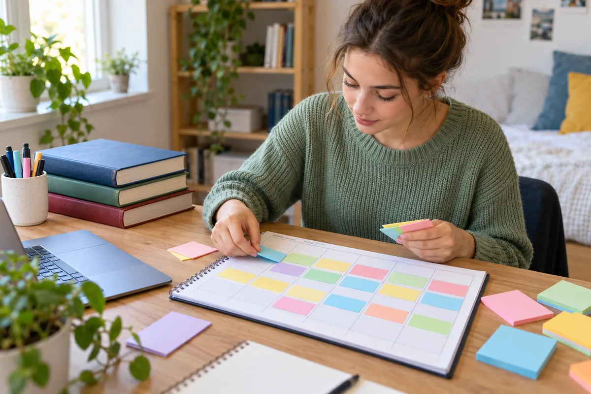 Une étudiante place des notes adhésives de couleur sur un planning de révision posé sur son bureau.