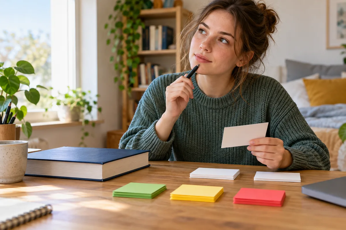 Une étudiante réfléchit, un stylo à la main et une carte de révision dans l'autre, devant des piles de cartes de couleur.