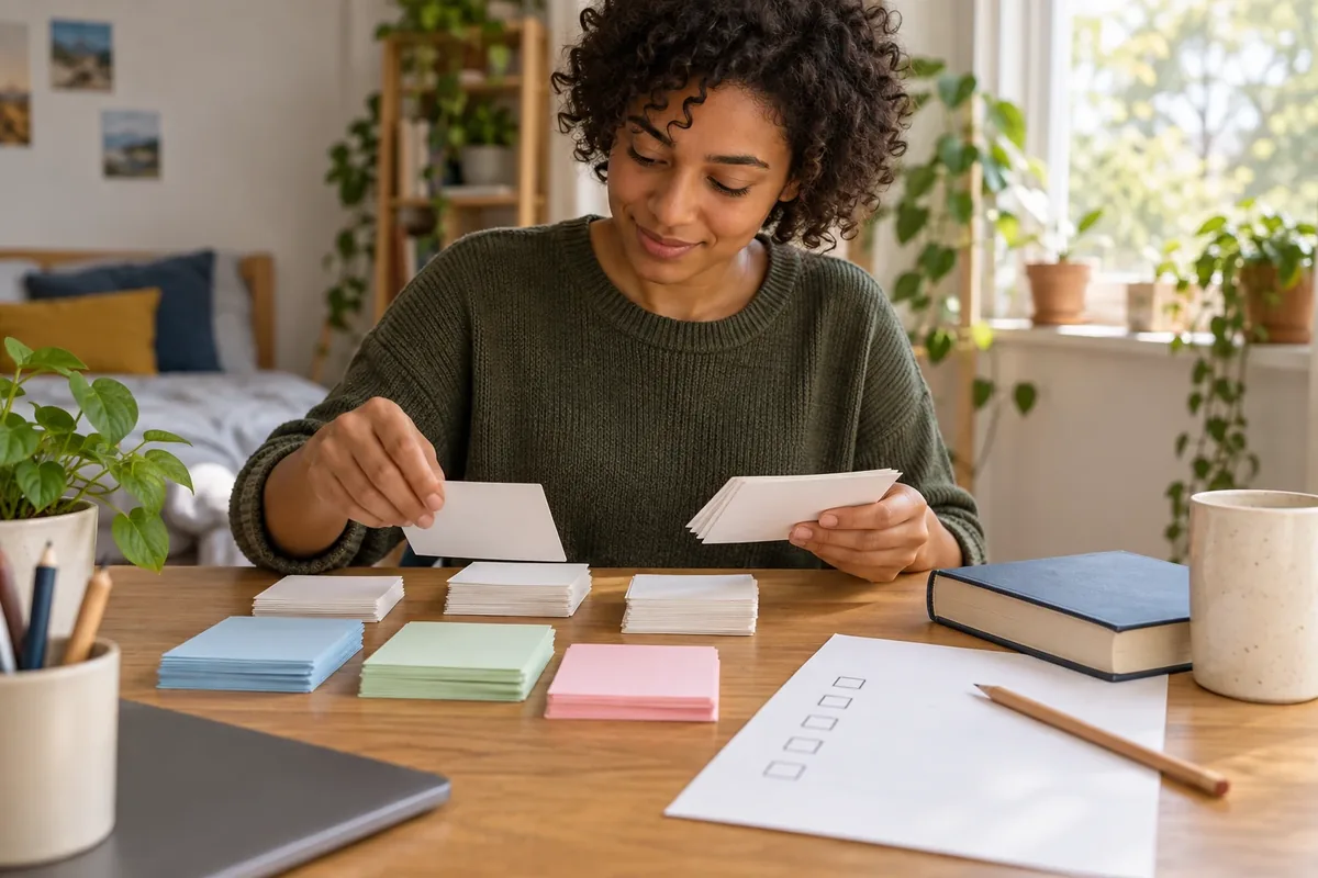 Un étudiant trie des cartes de révision en tâches concrètes.