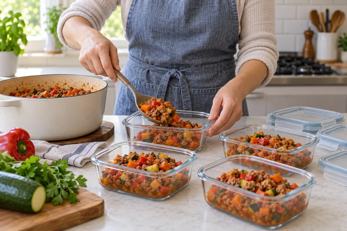 Un plat cuisiné chaud réparti en petites portions dans plusieurs boîtes en verre, sur un plan de travail.