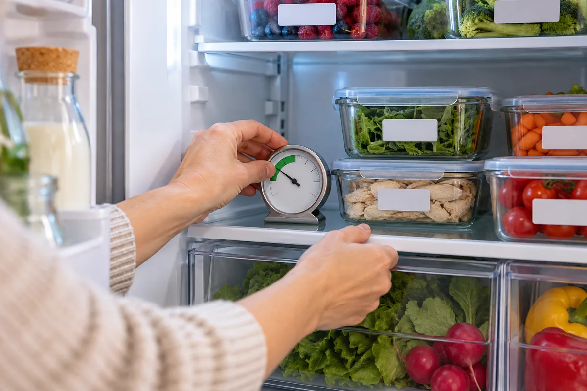 Une main ajuste un thermomètre dans un réfrigérateur rangé, où des boîtes sont étiquetées.