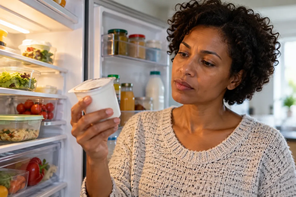 Une femme examine l'emballage d'un aliment avant de le consommer.