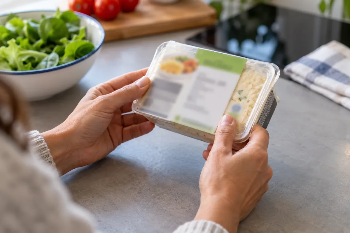 Des mains vérifient un emballage alimentaire sur une surface propre.