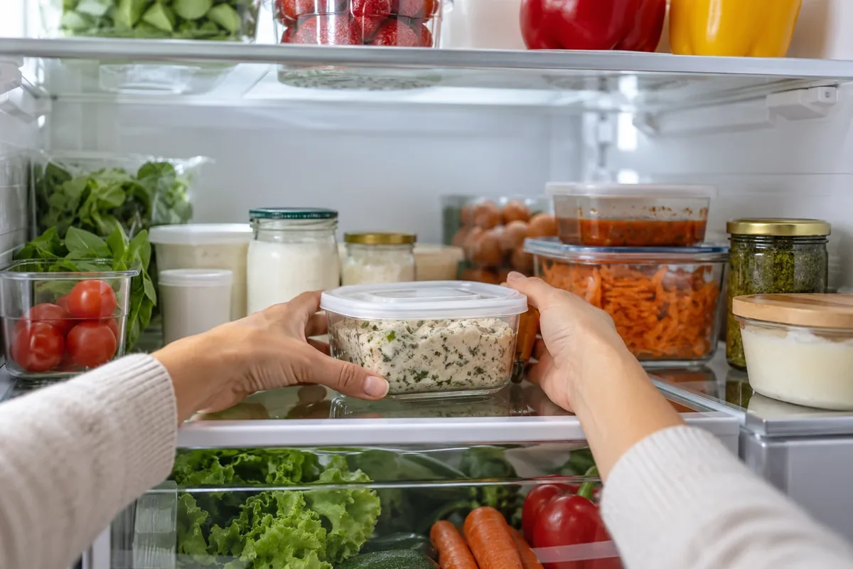 Des mains placent les produits à utiliser en premier devant les autres.