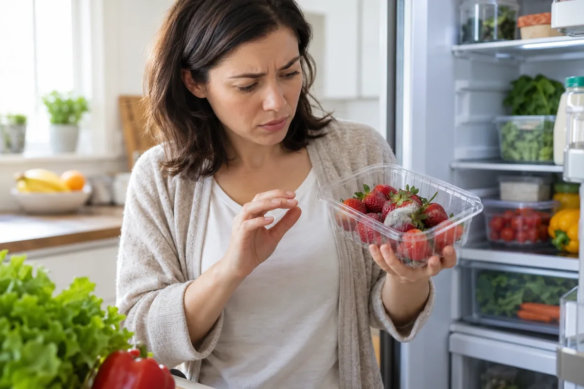 Une femme découvre plusieurs fraises couvertes de moisissure dans une barquette sortie du réfrigérateur.