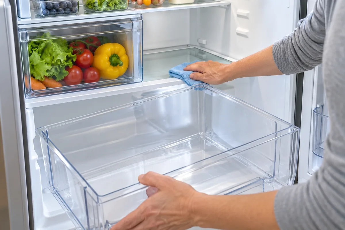 Une personne nettoie avec un chiffon l’étagère et le bac vides d’un réfrigérateur après avoir retiré les aliments.