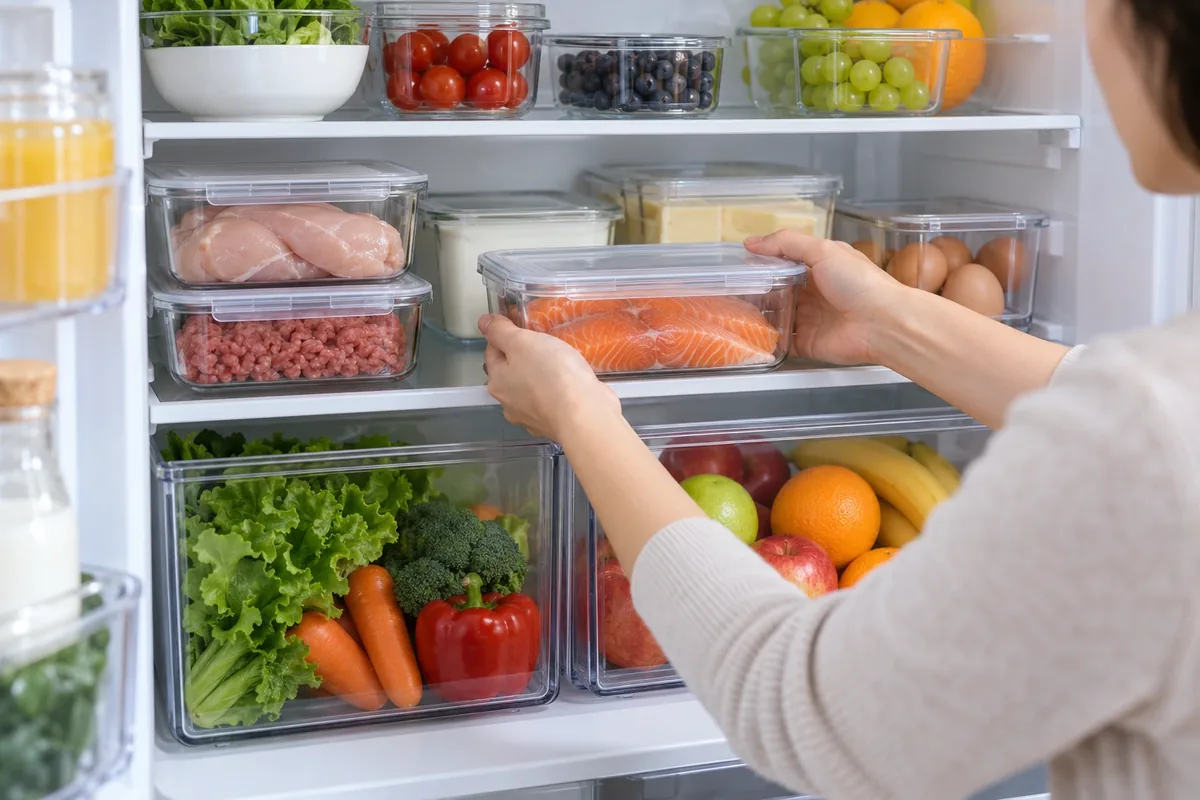 Une personne range le poisson et les produits périssables sur une étagère, avec les fruits et légumes séparés.
