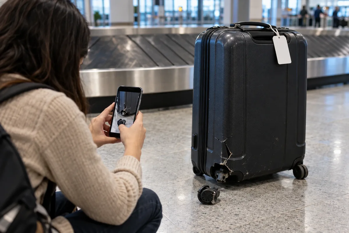 Une voyageuse photographie une valise fissurée et sa roue détachée avant toute réparation ou nettoyage.