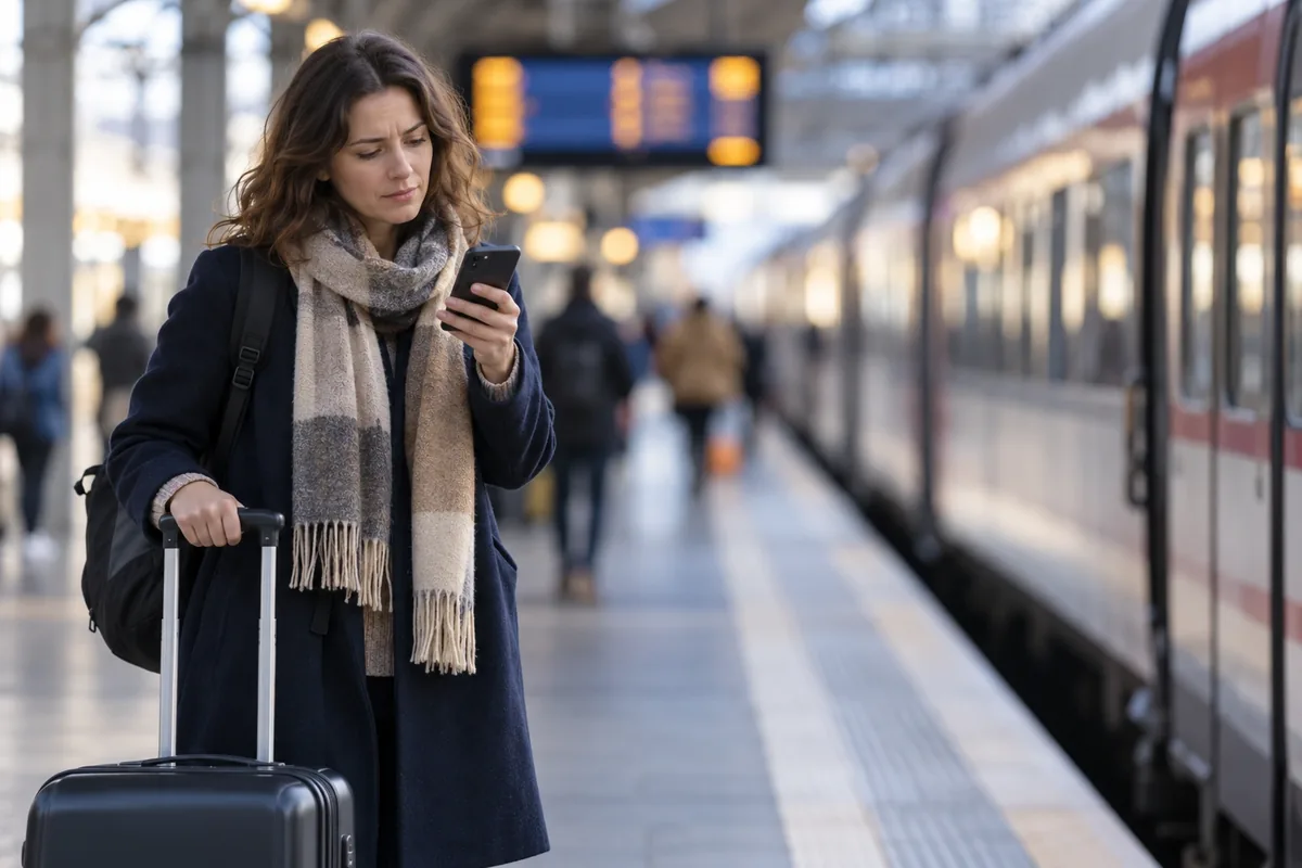Une voyageuse consulte son téléphone sur un quai, devant un train et un tableau d’affichage entièrement flous.