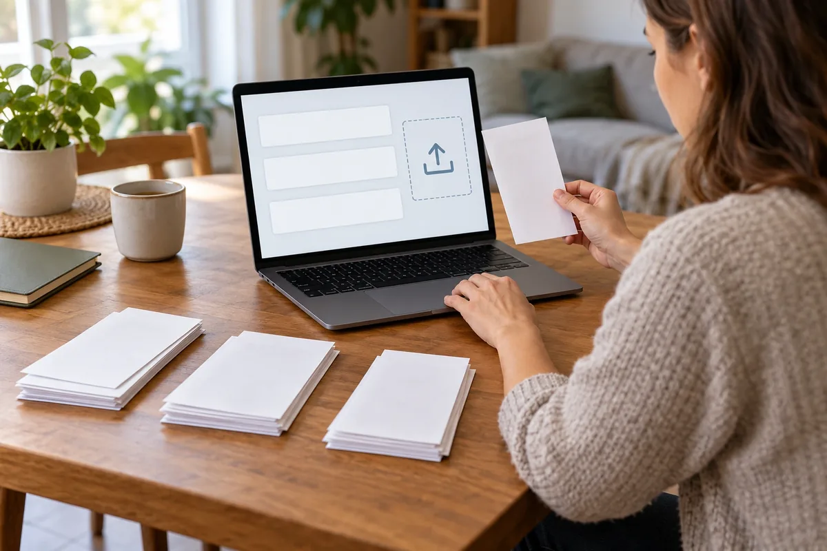 Une femme joint un reçu vierge à un formulaire sans texte, avec trois piles de documents blancs classées devant elle.
