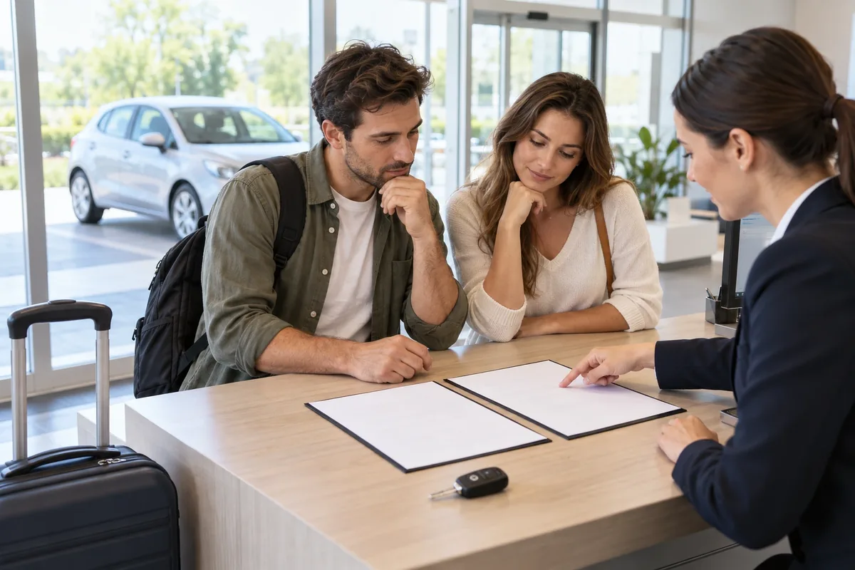 Deux voyageurs comparent des documents vierges avec une conseillère au comptoir d’une agence de location automobile.