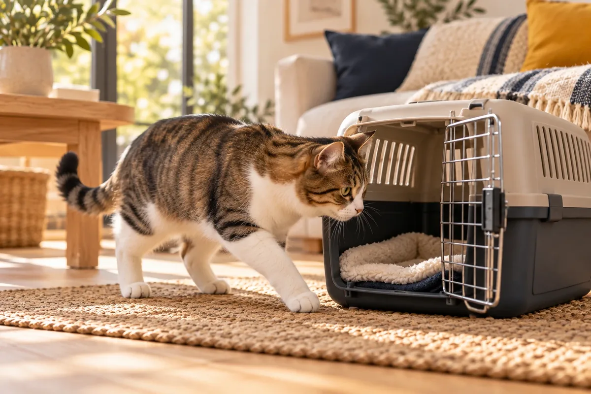 Chat s'approchant librement d'une caisse de transport ouverte
